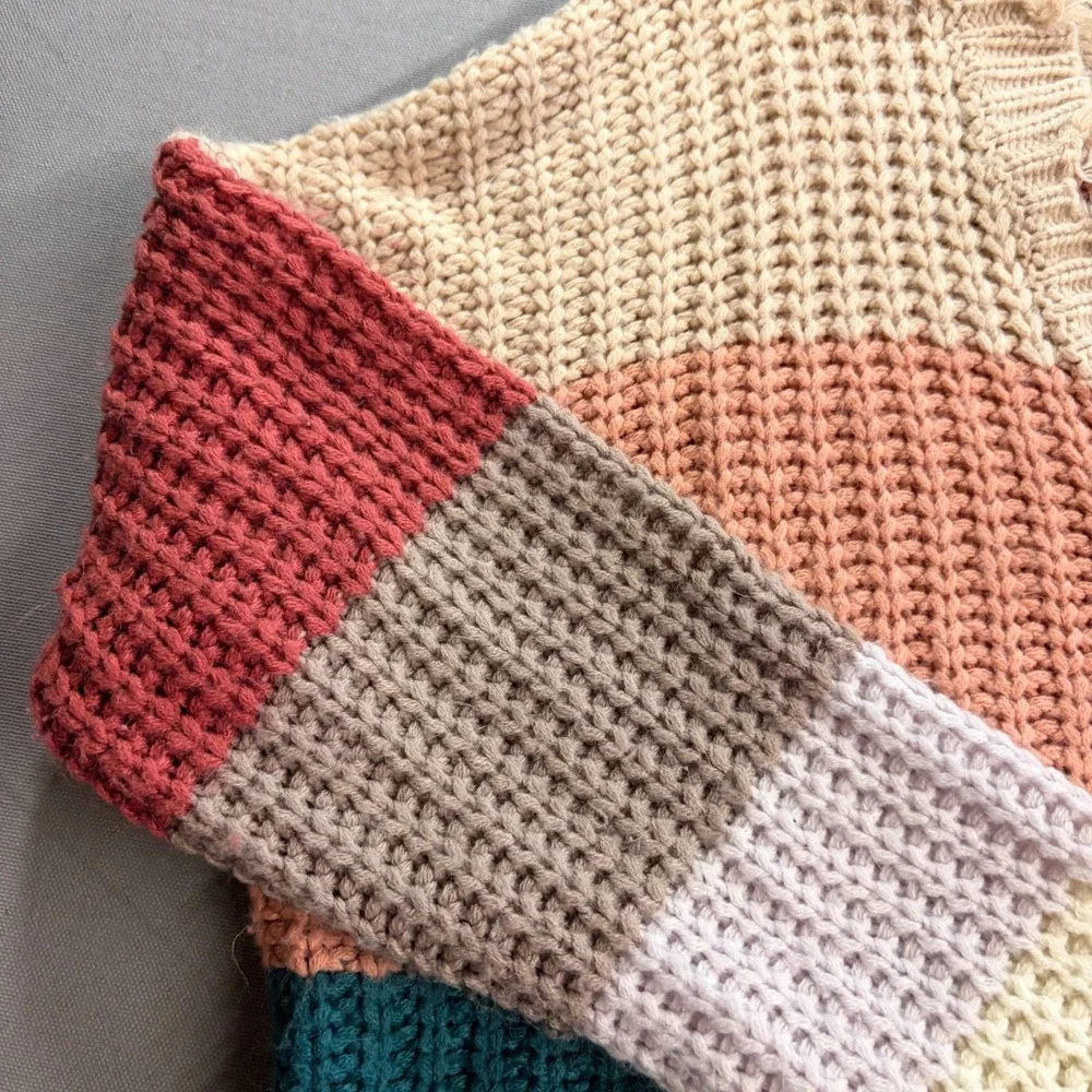 Miracle USA Womens Colorblock Distressed V-Neck Knit Sweater S/M Striped Boho